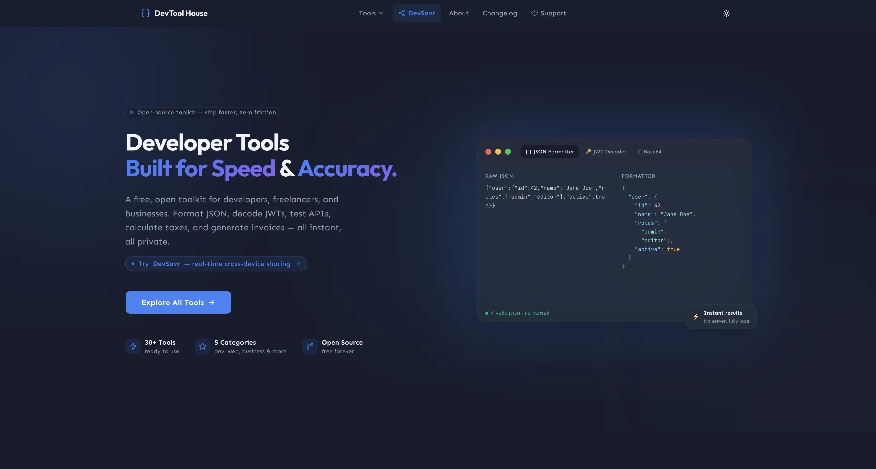 DevTool House — 32+ developer tools, no signup, nothing stored